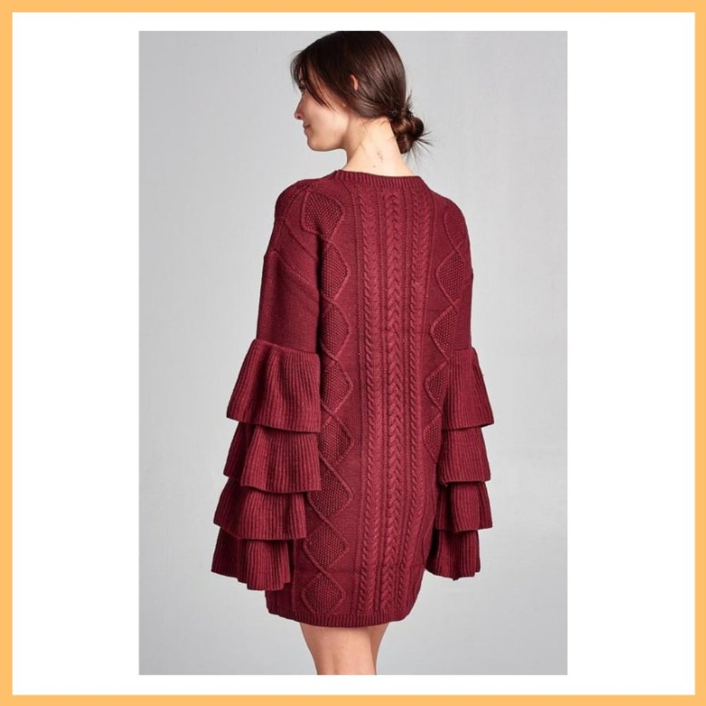 NWT Ruffled Sleeve Knit Sweater Dress (Burgundy)
